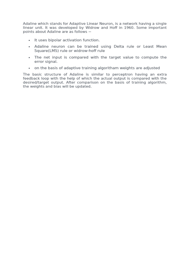 Adaline Which Stands for Adaptive Linear Neuron | PDF