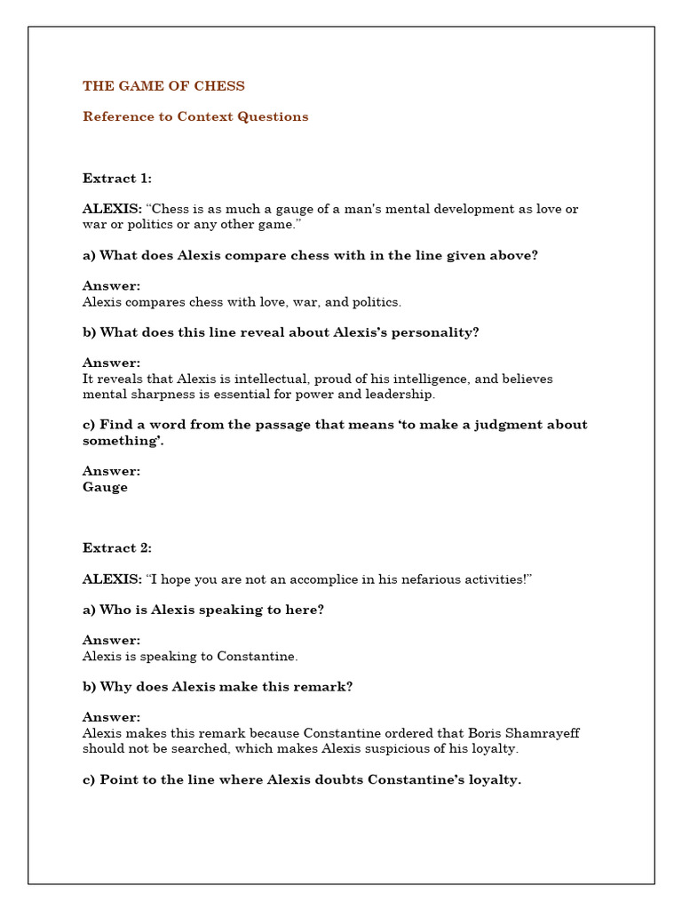 The Game of Chess Revision Questions | PDF | Psychology