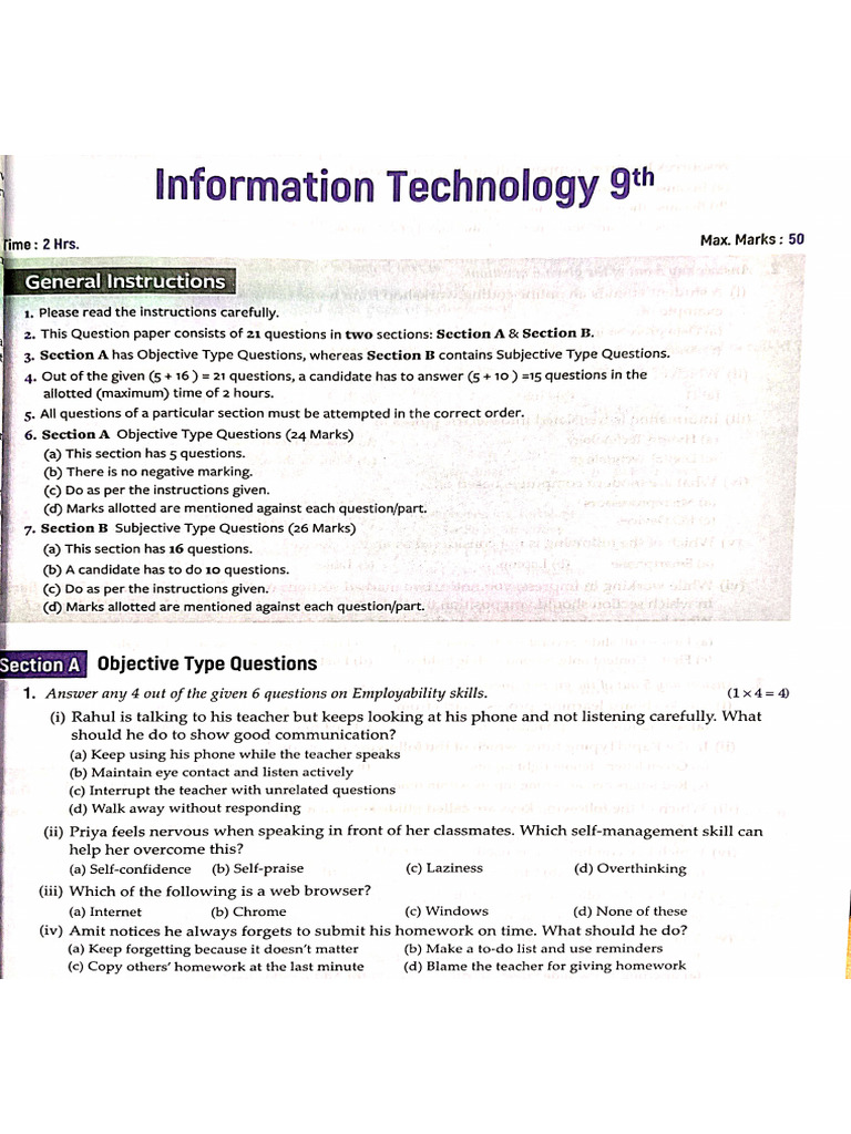 Information Technology Class 9th Sample Paper 1 | PDF