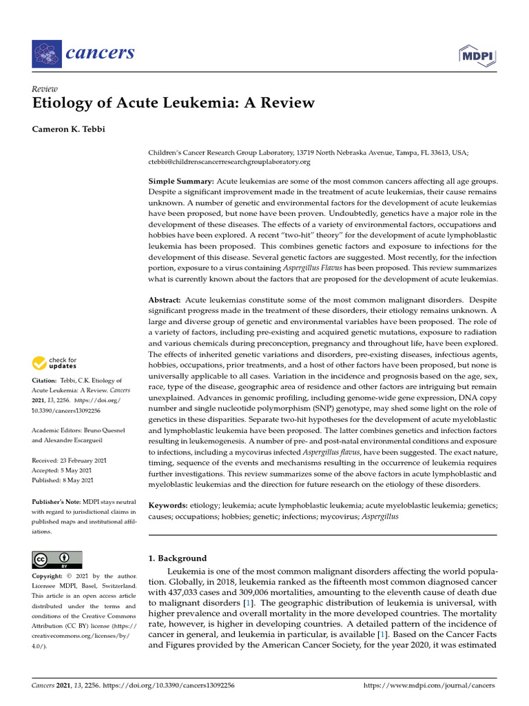 Cancers: Etiology of Acute Leukemia: A Review | PDF | Haematopoiesis ...