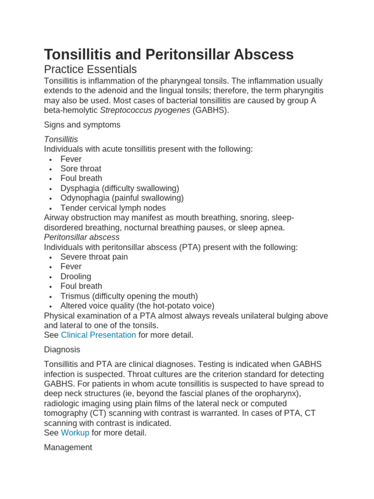 Tonsillitis and Peritonsillar Abscess | PDF | Streptococcus | Medicine