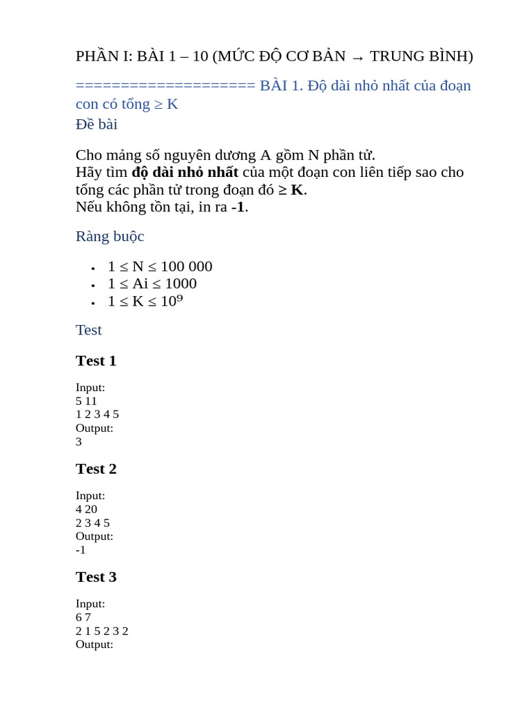 10 Bai Tap Prefix Sum + Binary Search | PDF