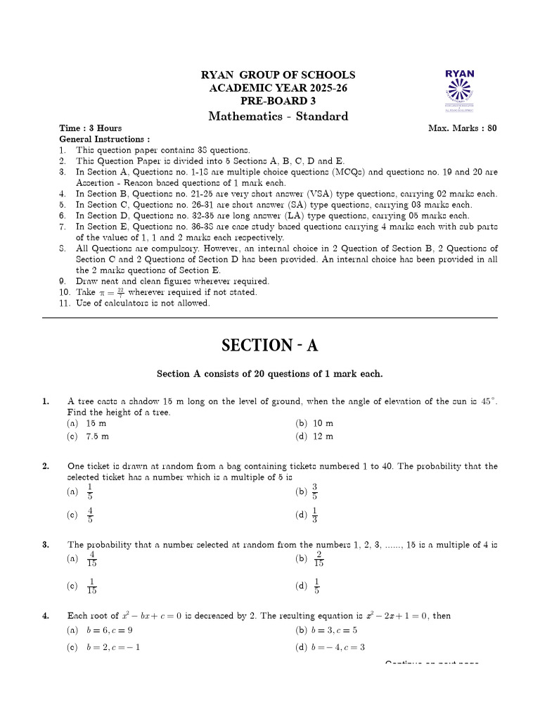 Pre-Board 3 Math Standard | PDF | Sphere | Circle
