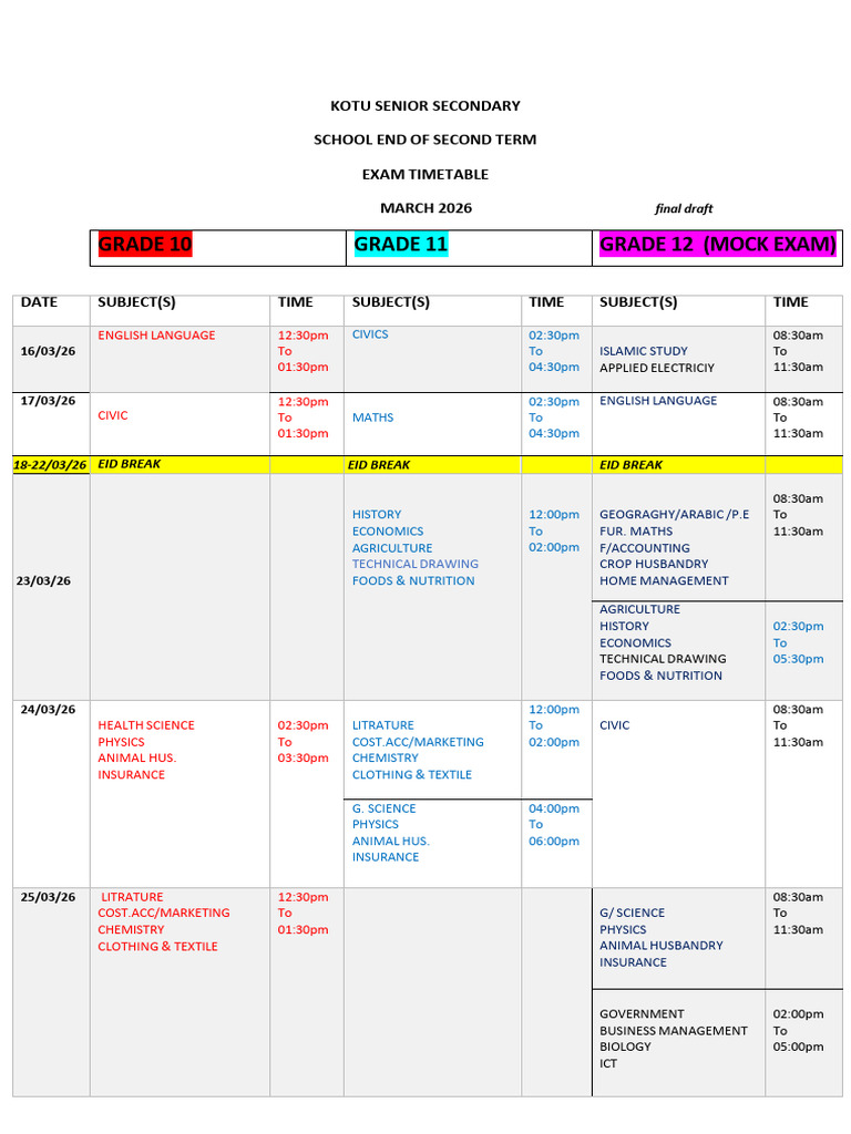 Draft of Second Term Exam Time Table (2) | PDF