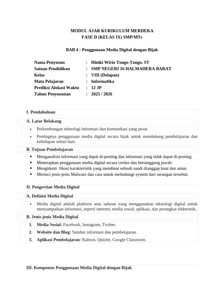 Modul Ajar Kurikulum Merdeka Kelas 9 Bab IV Penggunaan Media Digital ...