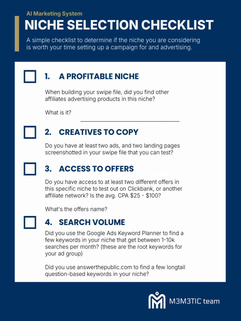 Niche Selection Level 1 Checklist | PDF