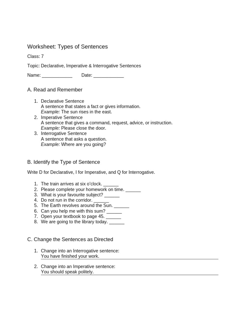 Worksheet - Types of Sentences | PDF