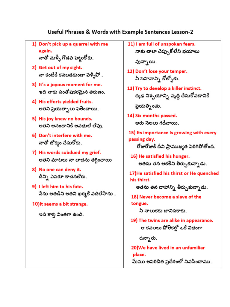 Useful Phrases & Words With Example Sentences Lesson-2 | PDF