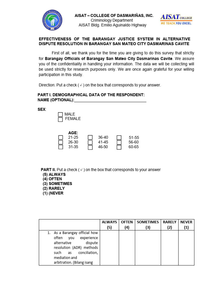 Questionnaire Original1 BRGY OFFICIAl Edited) | PDF | Alternative ...