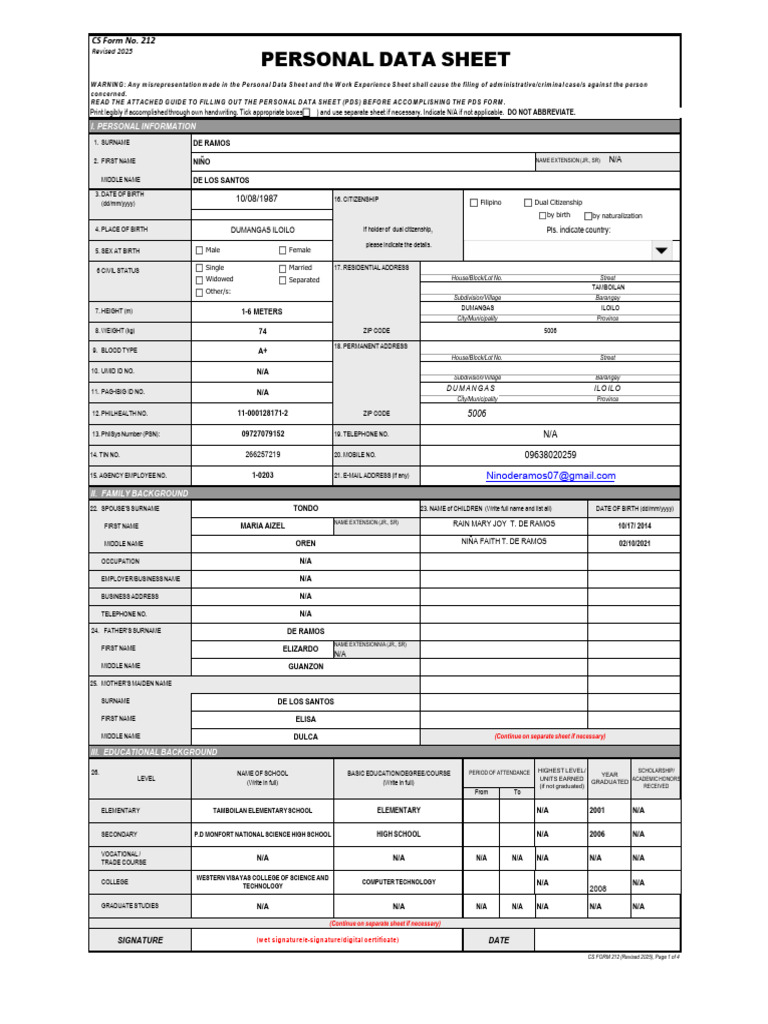 ANNEX H-1 - CS Form No. 212 Revised 2025 - Personal Data Sheet | PDF