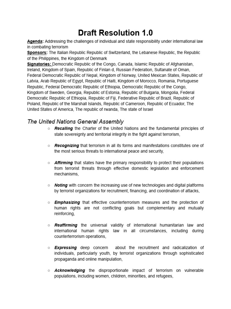 Draft Resolution 1.0 | PDF | International Law | Republic