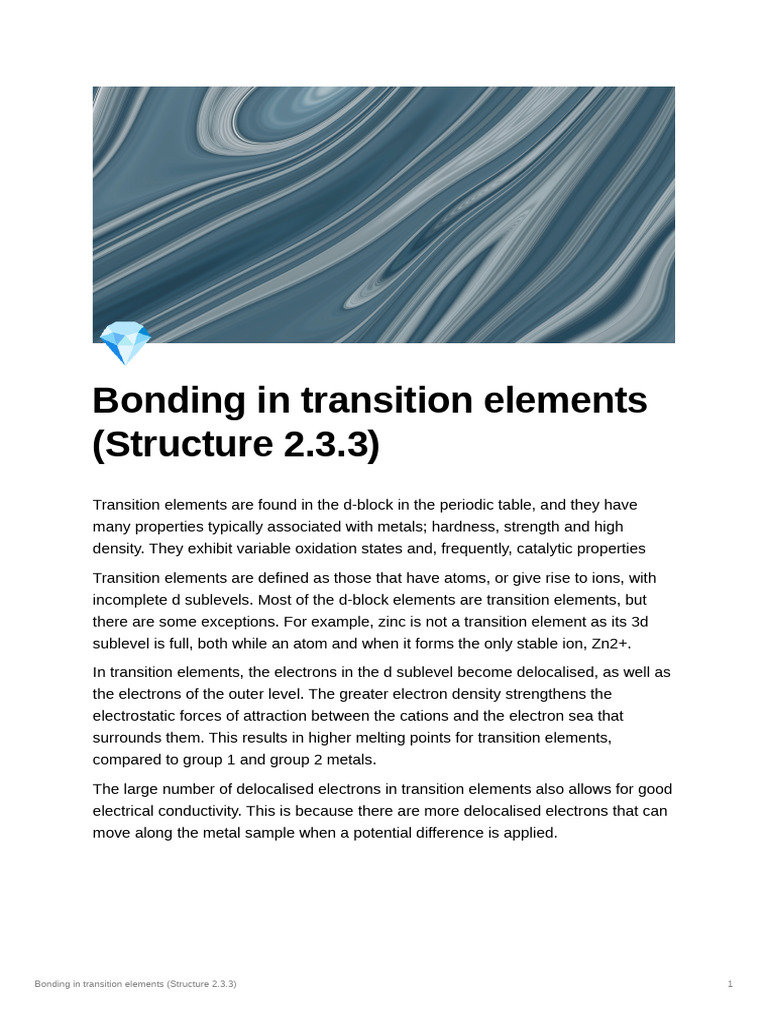 Bonding in Transition Elements (Structure 2.3.3) | PDF