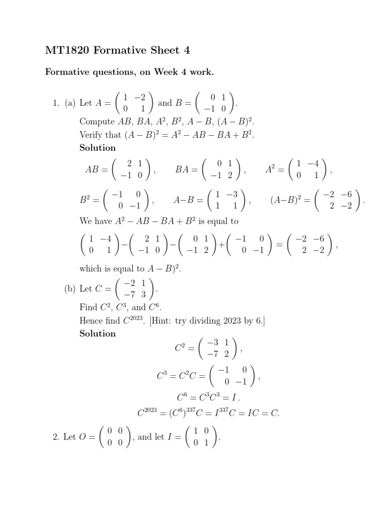 Solutions Formative Sheet 4 | PDF | Matrix (Mathematics) | Applied ...