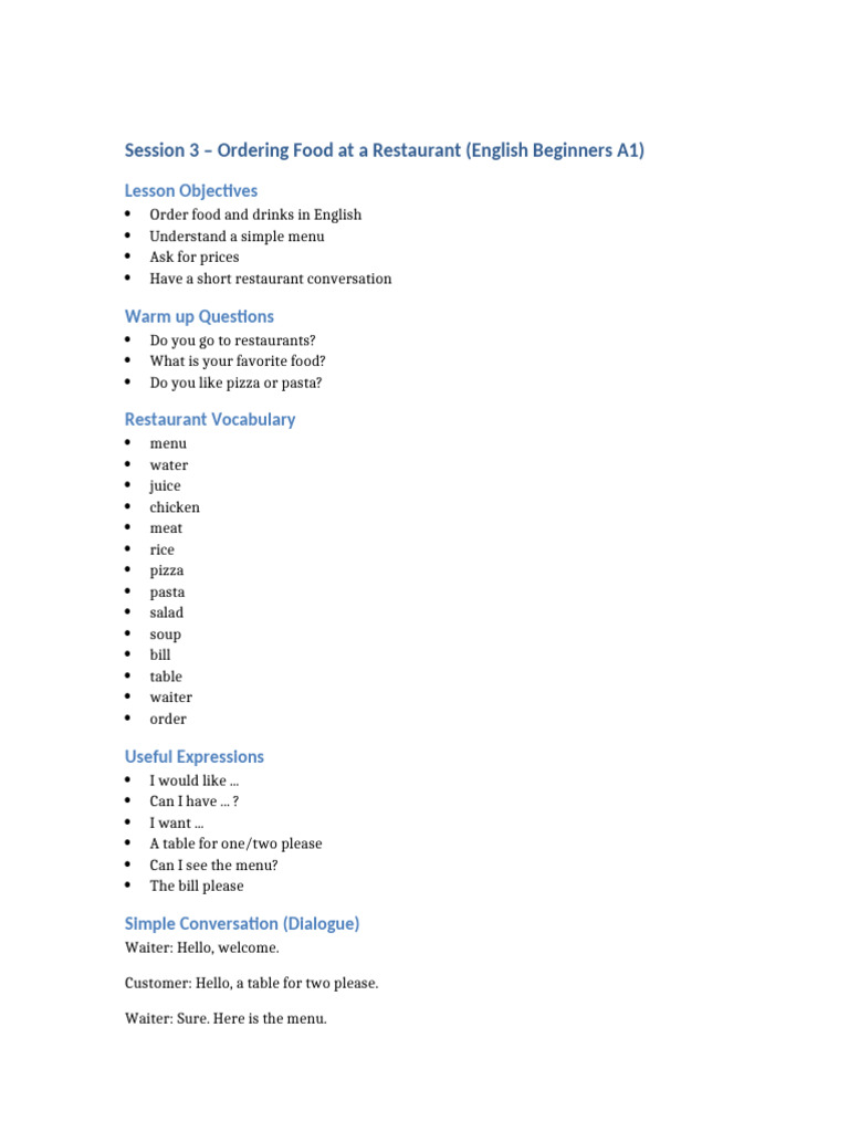 Session3 Restaurant English A1 | PDF