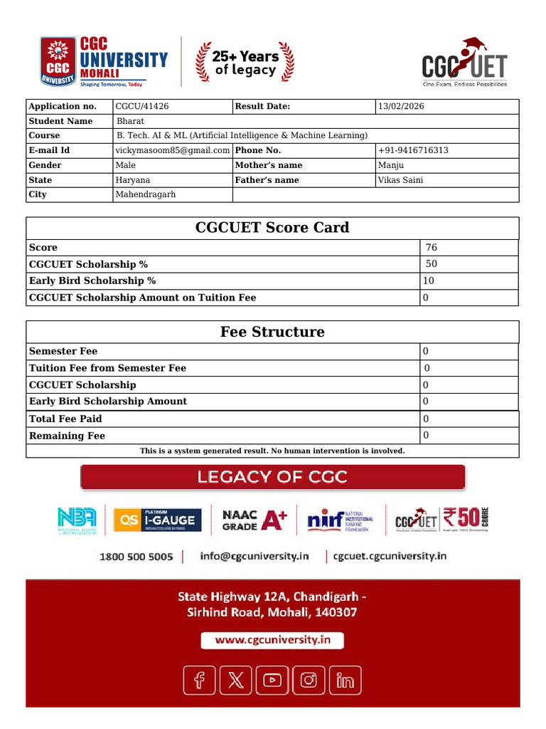 Download Result Status CGCU 41426 | PDF