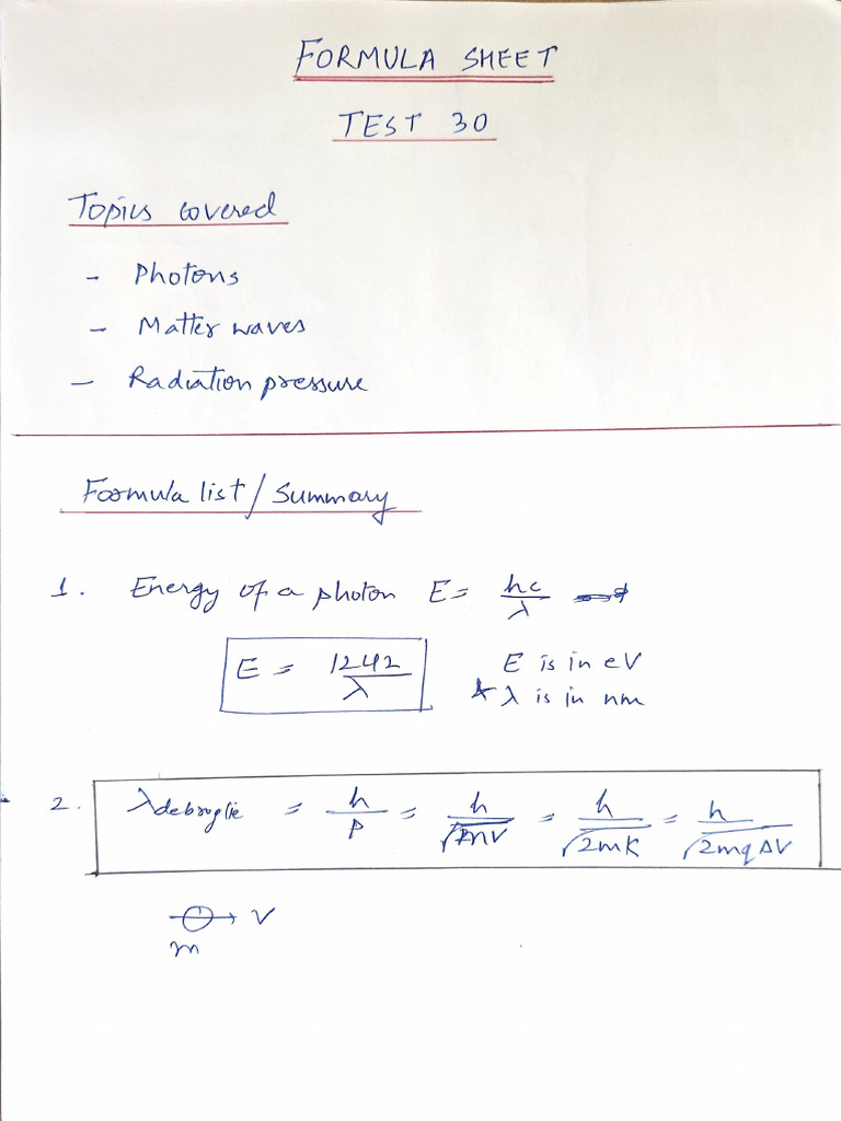 Test 30 - Formula Sheet | PDF