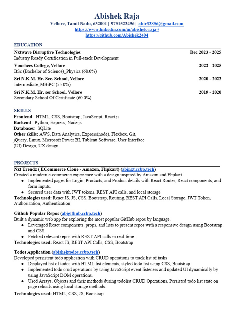 Abishek_resume2.0 | PDF | Bootstrap (Front End Framework) | Java Script