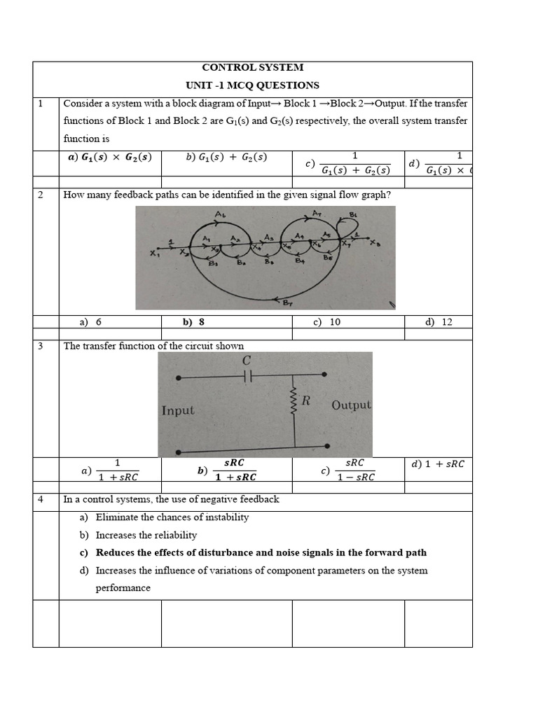 Control System Unit MCQ Questions With Answers | PDF | Feedback ...