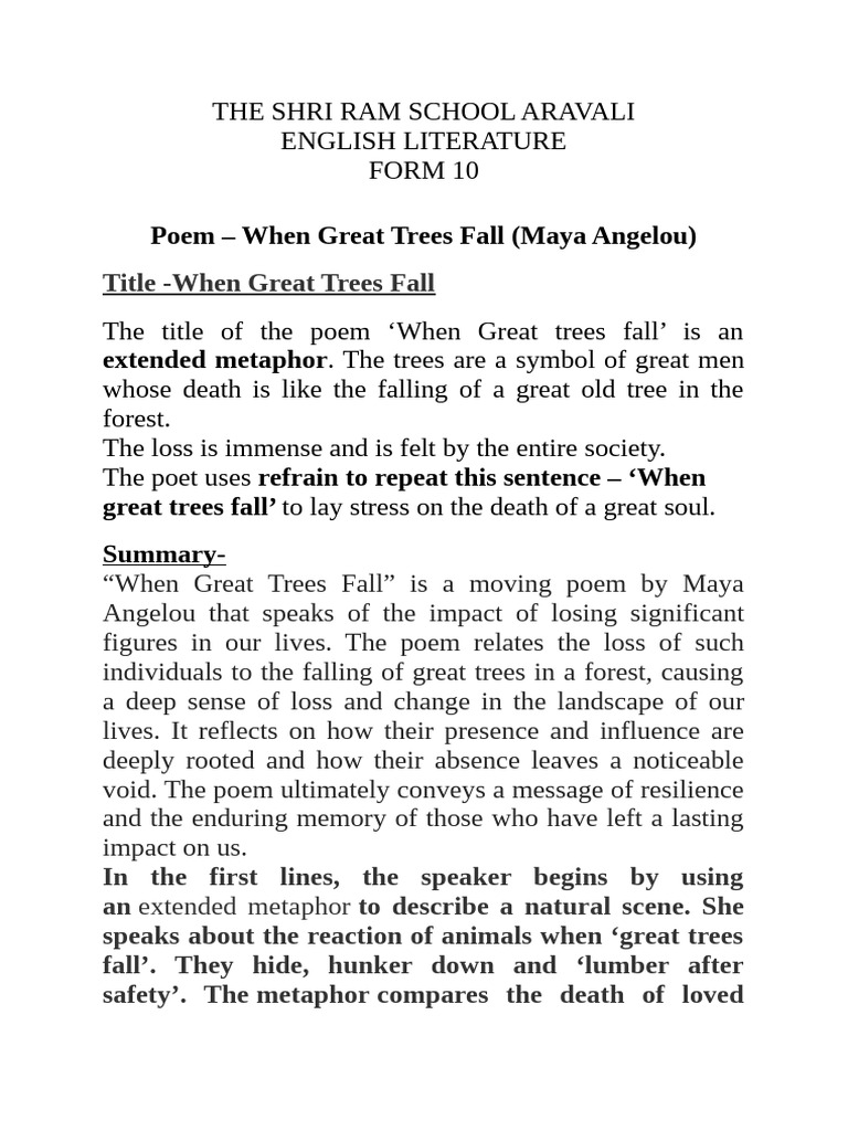 10 - When Great Trees Fall Class Notes - 2024-25 | PDF | Grief | Poetry