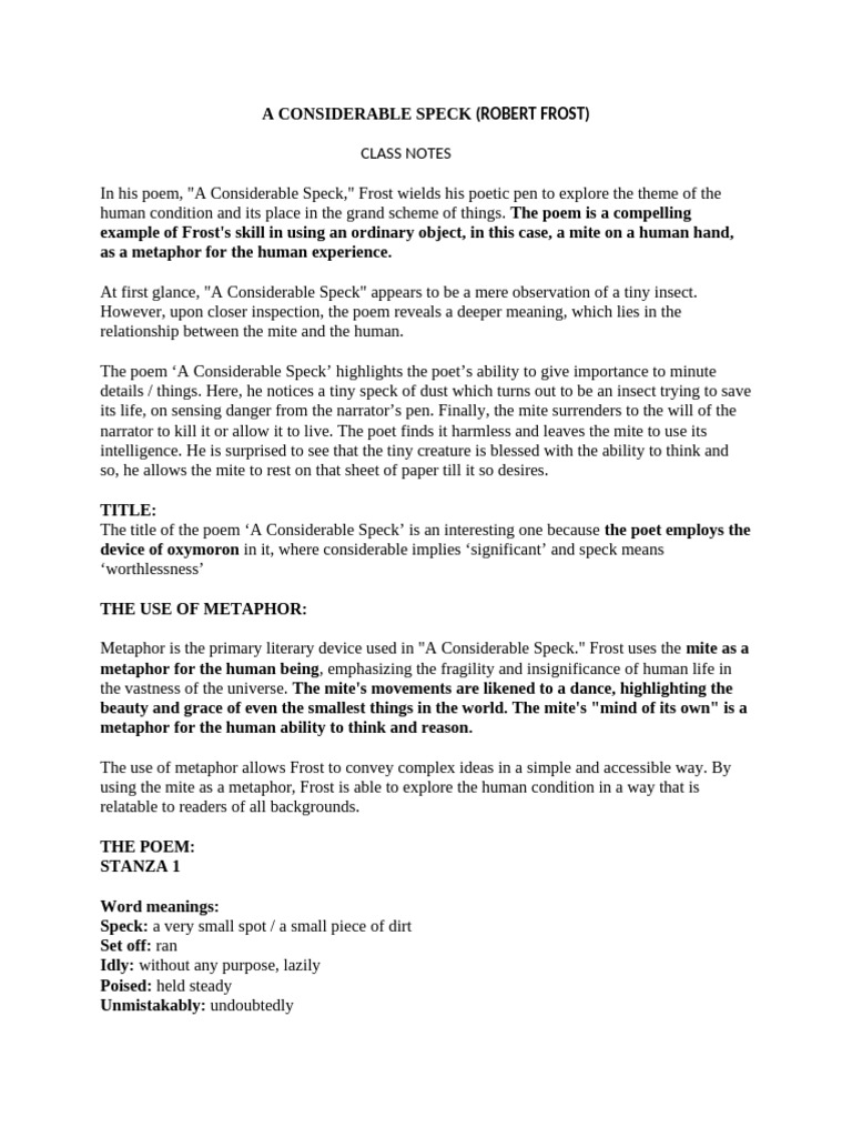 A Considerable Speck Class Notes | PDF | Poetry | Love