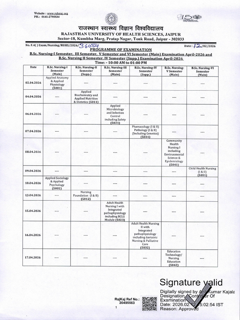Time Table Bsc Nursing i Sem to Vi Sem Exam April 2026 | PDF