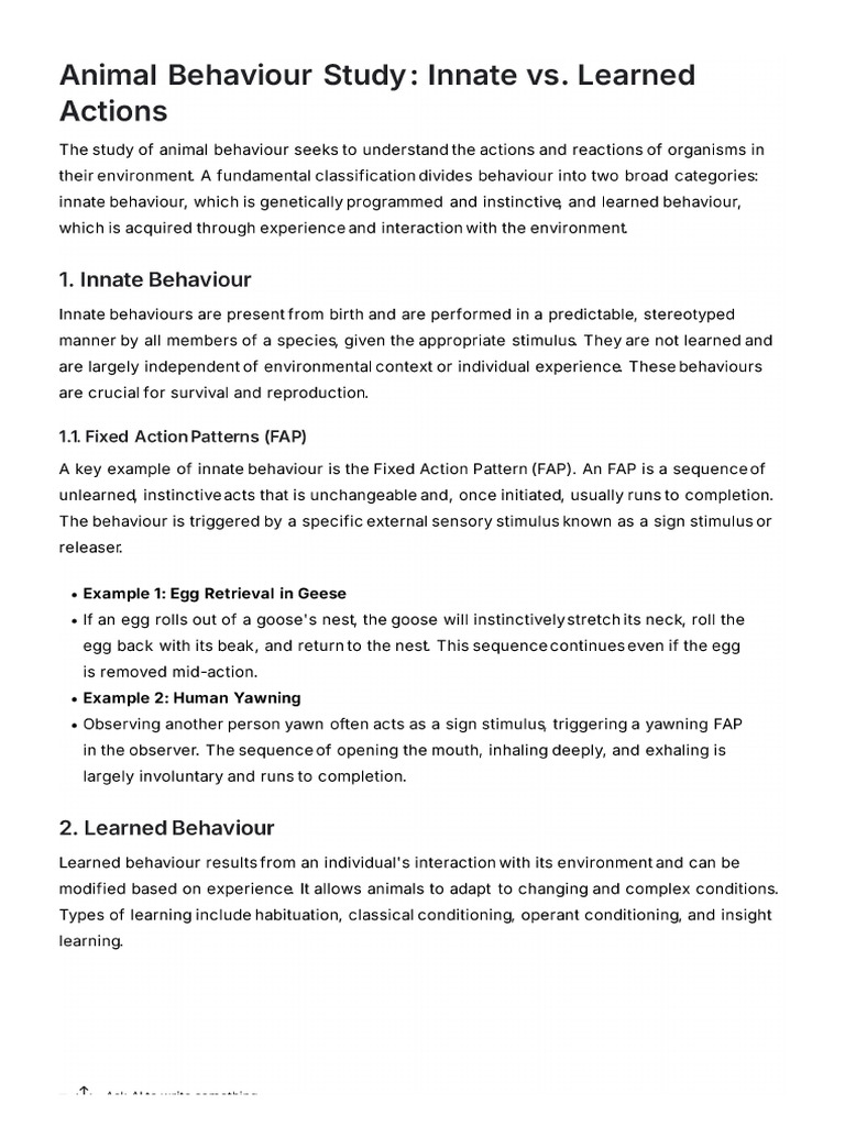 Animal Behaviour Study. Animal Behaviour is Classified Into Innate ...