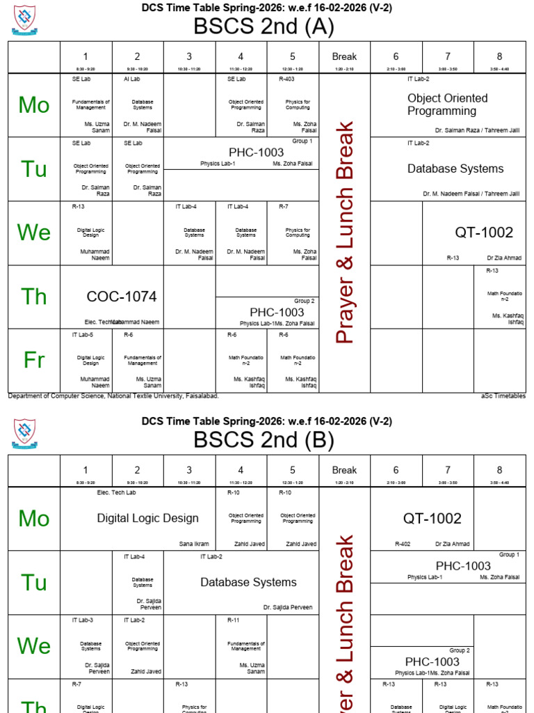 DCS Time Table Spring 26 (Classes) w.e.f 16-02-2026 (v-2) | PDF | Computing