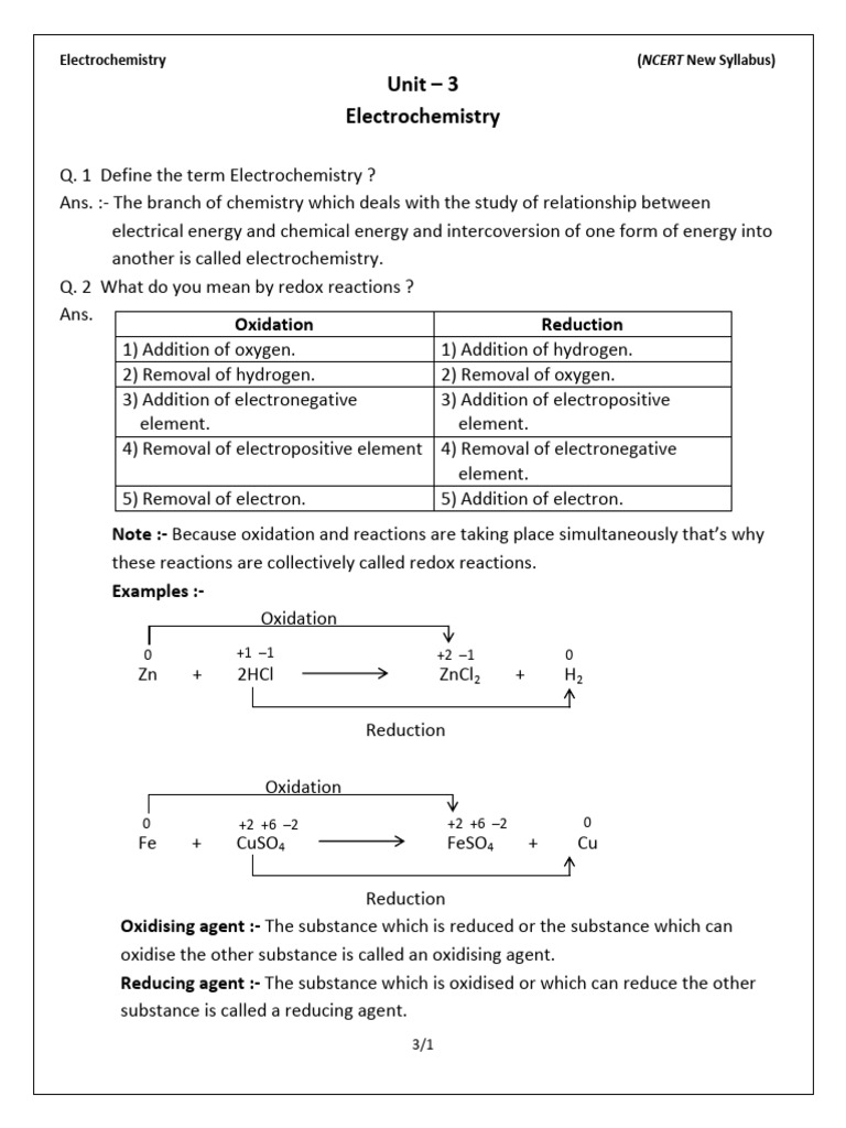 Unit 3 Electro Chemistry | PDF | Electrochemistry | Redox
