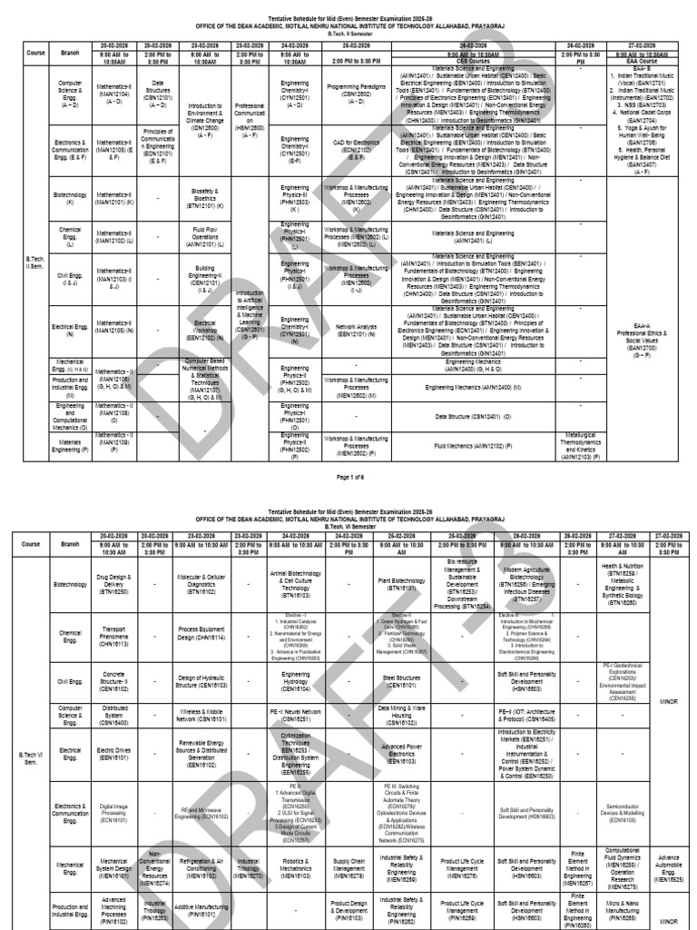 Mid Even Semester Exam Schedule 2025-26 (Draft-3) | PDF | Engineering ...