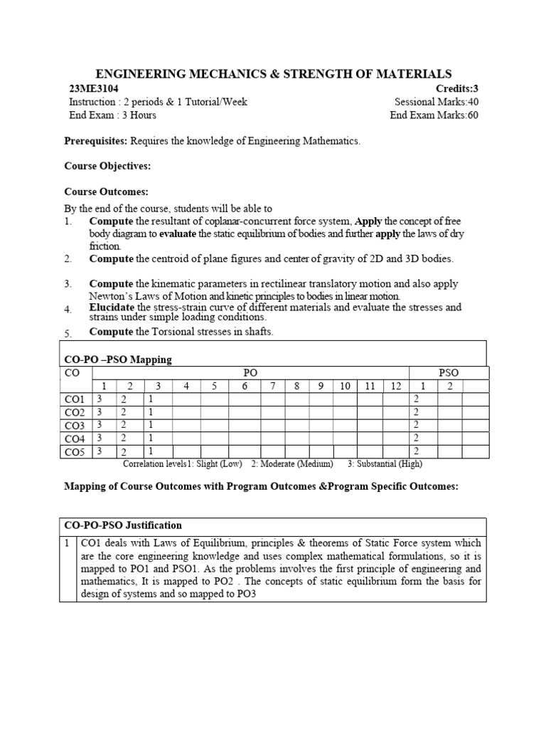 23me3104 Em&Sm Syllabus | PDF | Force | Strength Of Materials