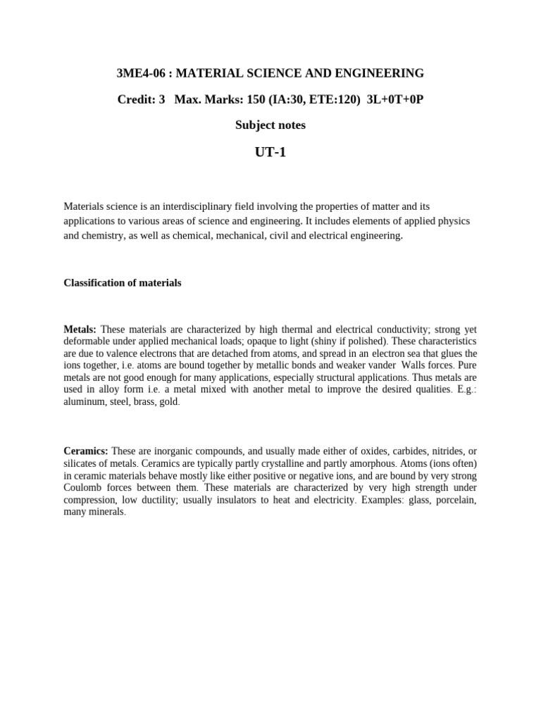 Ut-1 Material Science and Engg. | PDF | Plasticity (Physics) | Dislocation