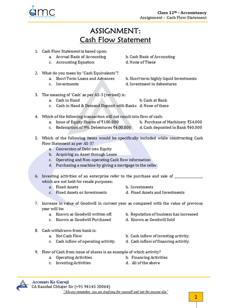 Cash Flow Statement Assignment | PDF | Balance Sheet | Equity (Finance)
