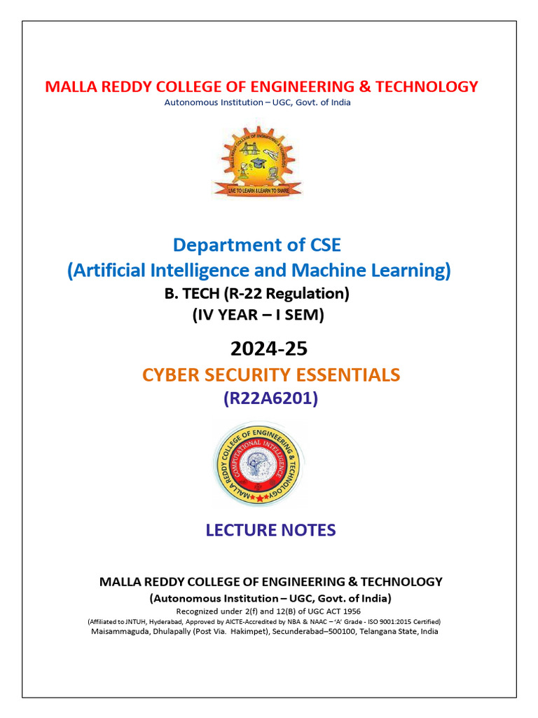 CYBER SECURITY ESSENTIALS Digital Notes-R22 | PDF | Security | Computer ...