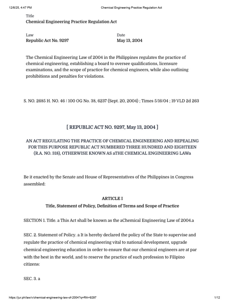 Chemical Engineering Practice Regulation Act | PDF | Engineer