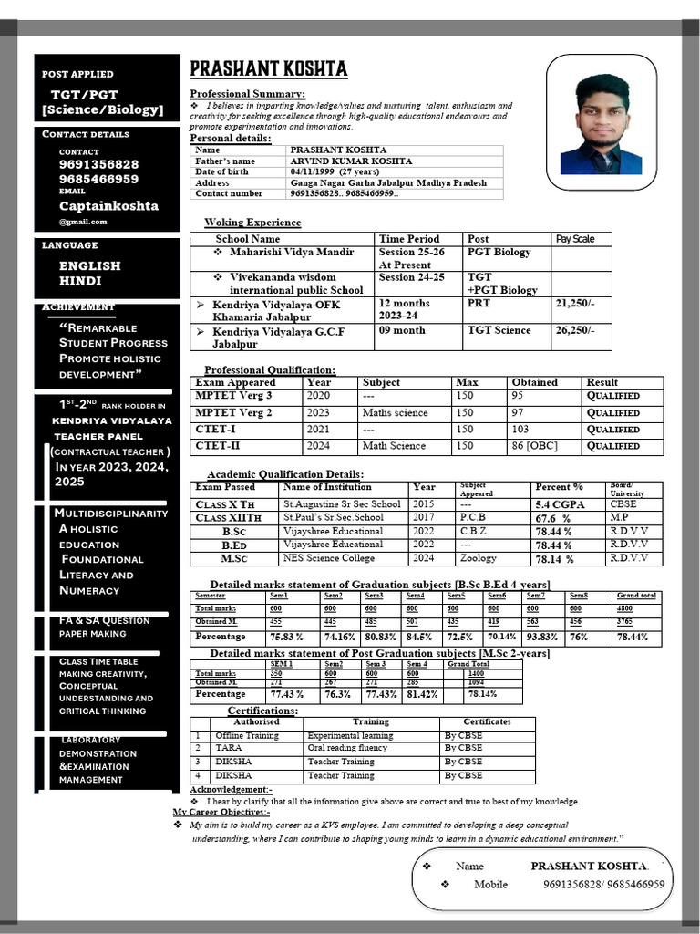 RESUME Prashant Koshta 2026-27 | PDF | Cognitive Science | Cognition