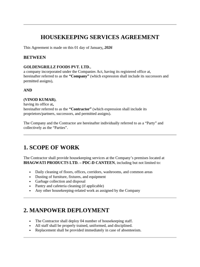 Housekeeping Services Agreement | PDF | Indemnity | Private Law