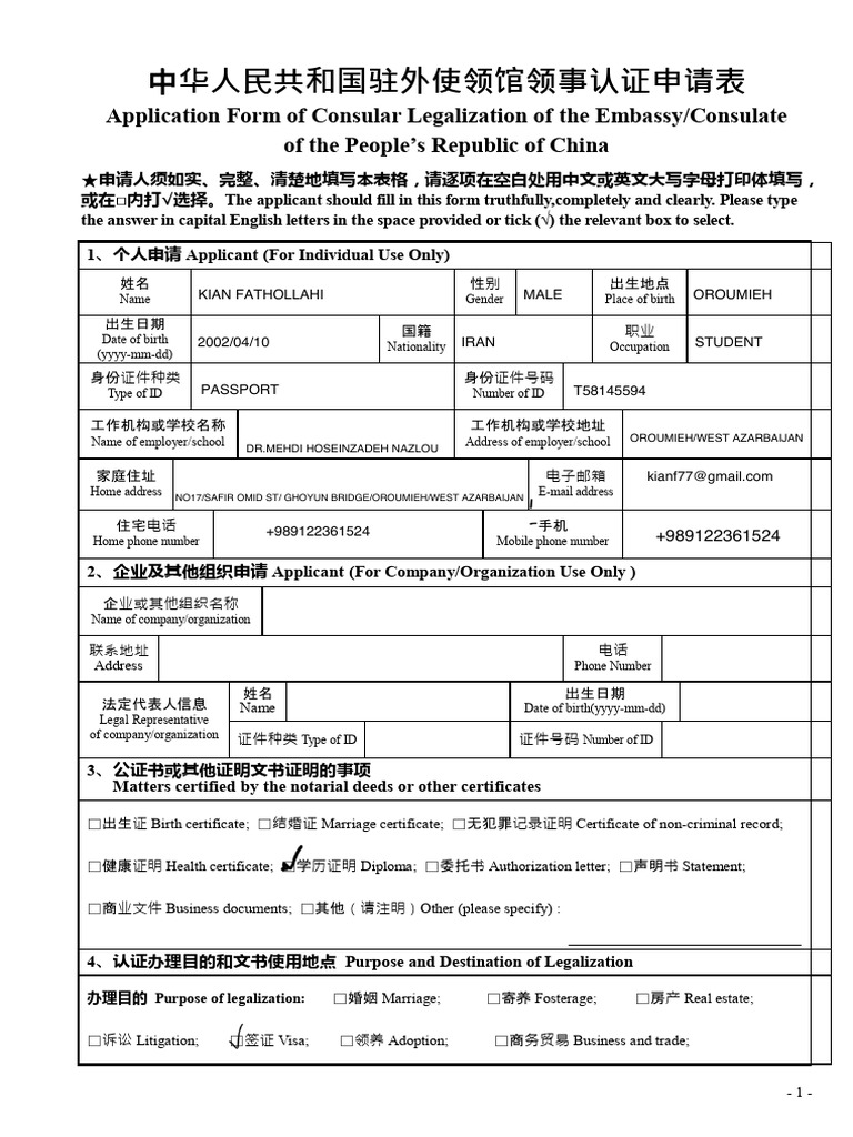 Application Form of Consular Legalization in China ORIGINAL 2 | PDF ...