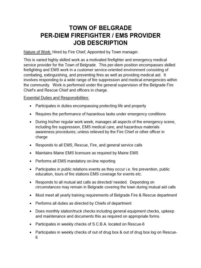 Per Diem Firefighter-Emt Job Descriptionapproved07052017 002rev 0 | PDF ...