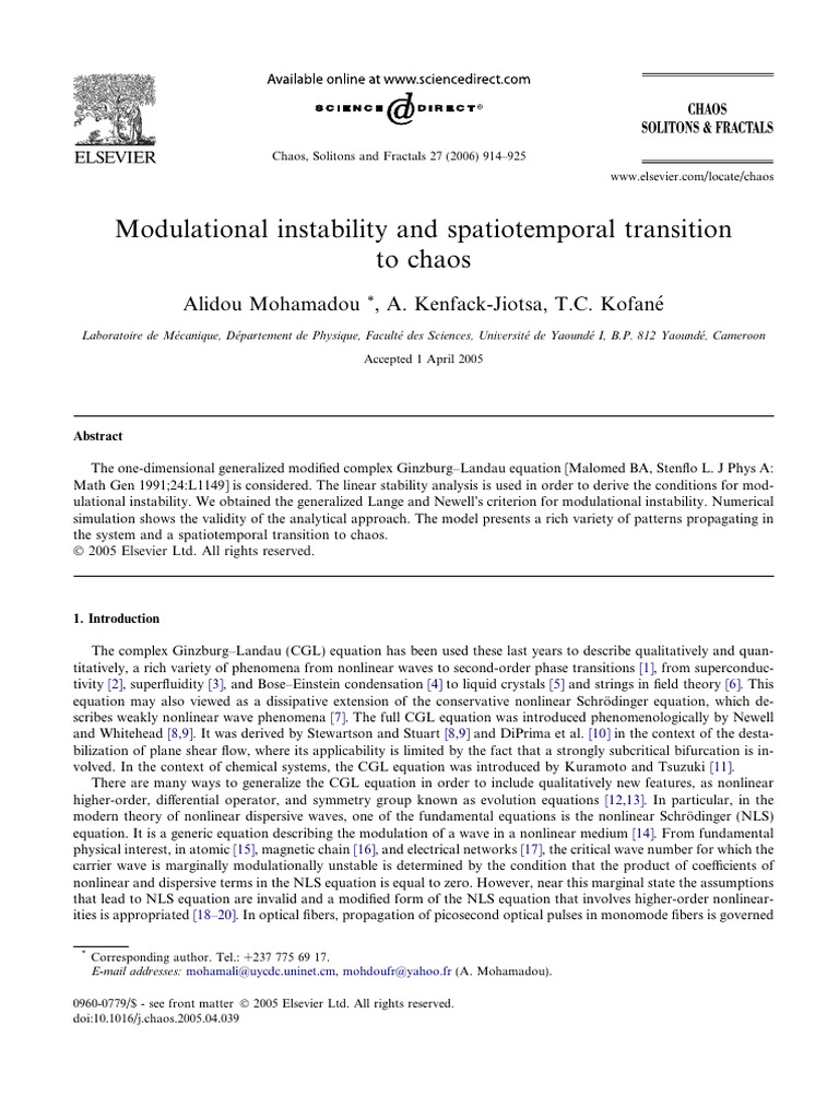 Modulational instability and spatiotemporal transition to chaos Alidou ...