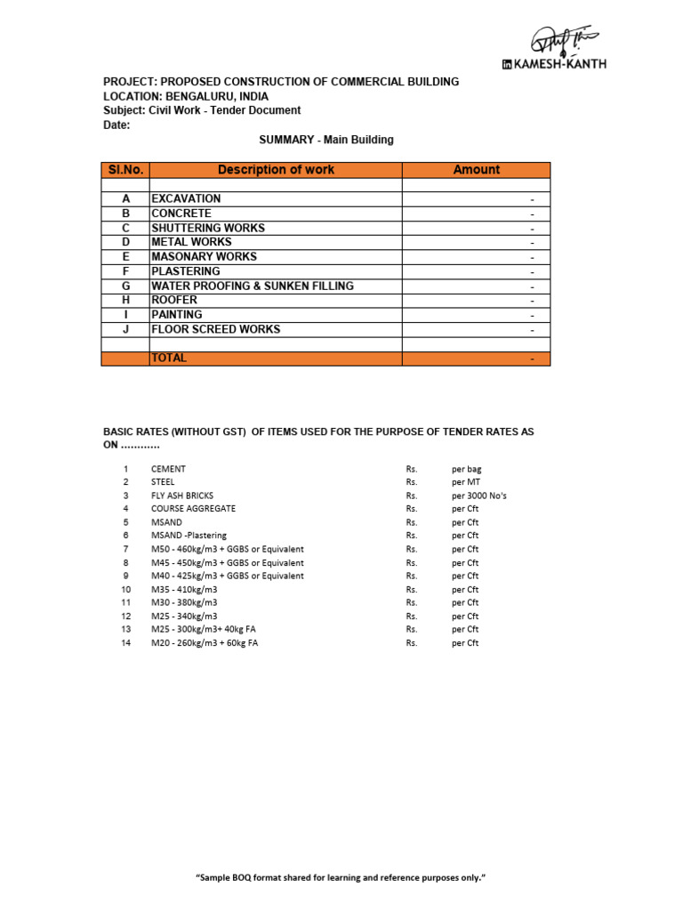 Sample Boq | PDF | Concrete | Brick
