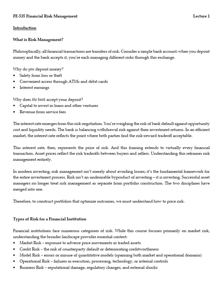 Lecture 1 Notes | PDF | Financial Risk | Risk