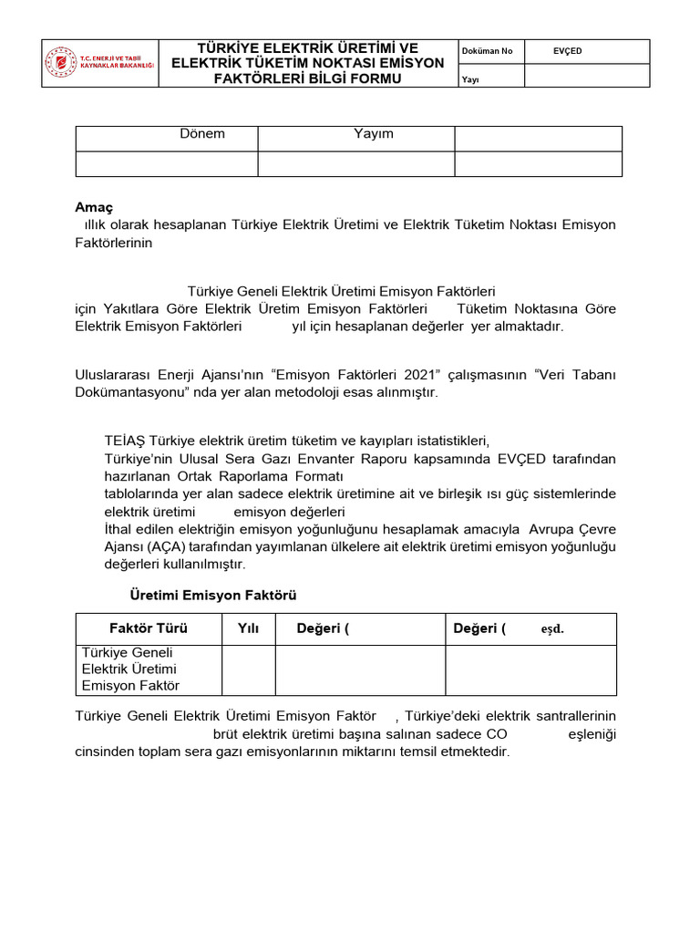TEUVETN Emisyon Faktörleri Bilgi Formu | PDF
