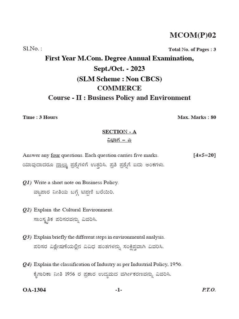 MCOM (P) 02 Course-II Business Policy and Environment | PDF