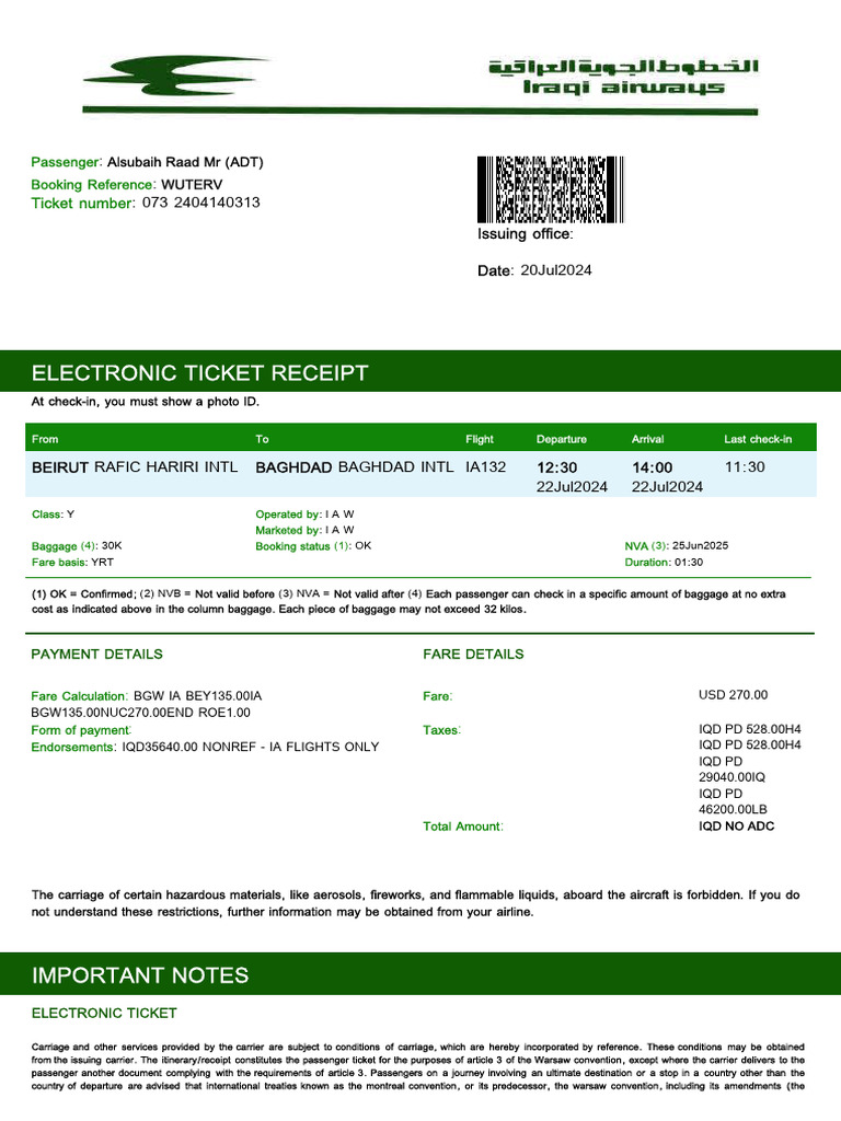 Iraqi Airways ETicket (WUTERV) - RAAD | PDF