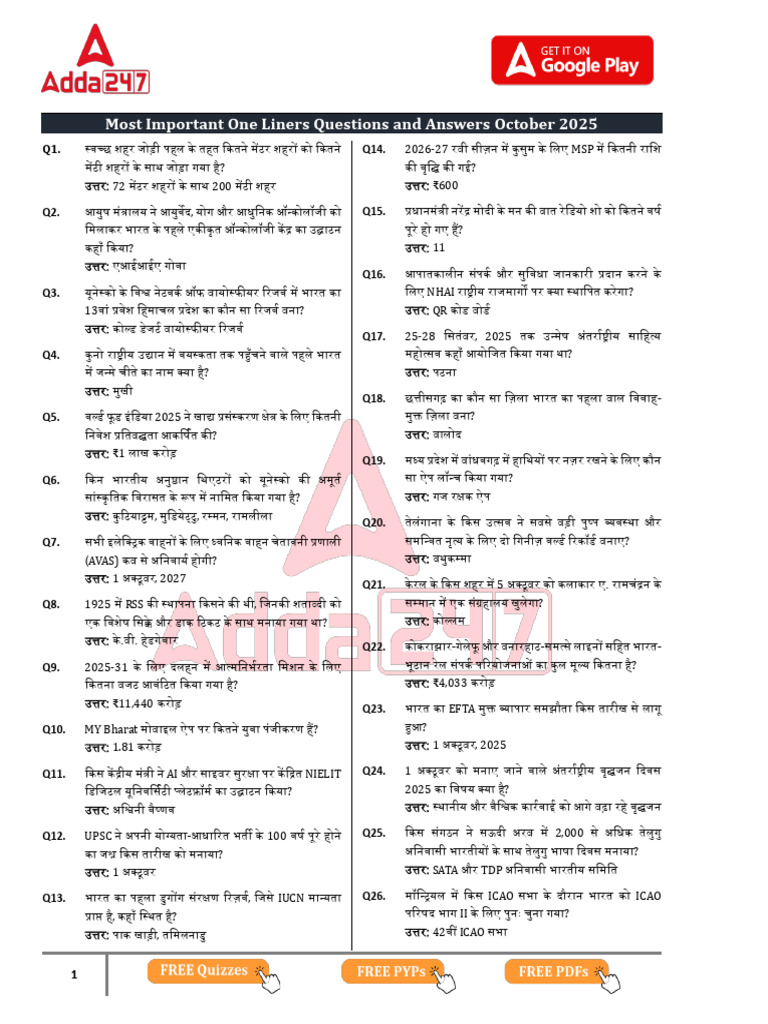 Most Important Current Affairs Questions of October 2025 | PDF
