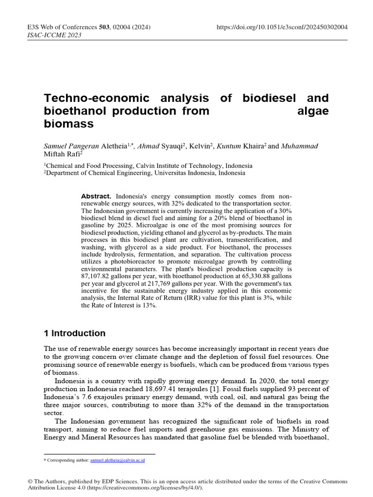 Techno-Economic Analysis of Biodiesel & Bioethanol From Chlorella Sp ...