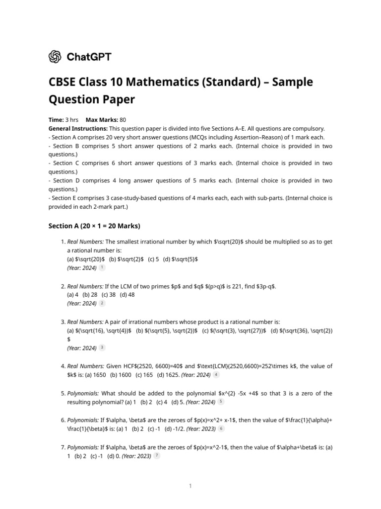 CBSE Class 10 Mathematics (Standard) - Sample Question Paper | PDF ...