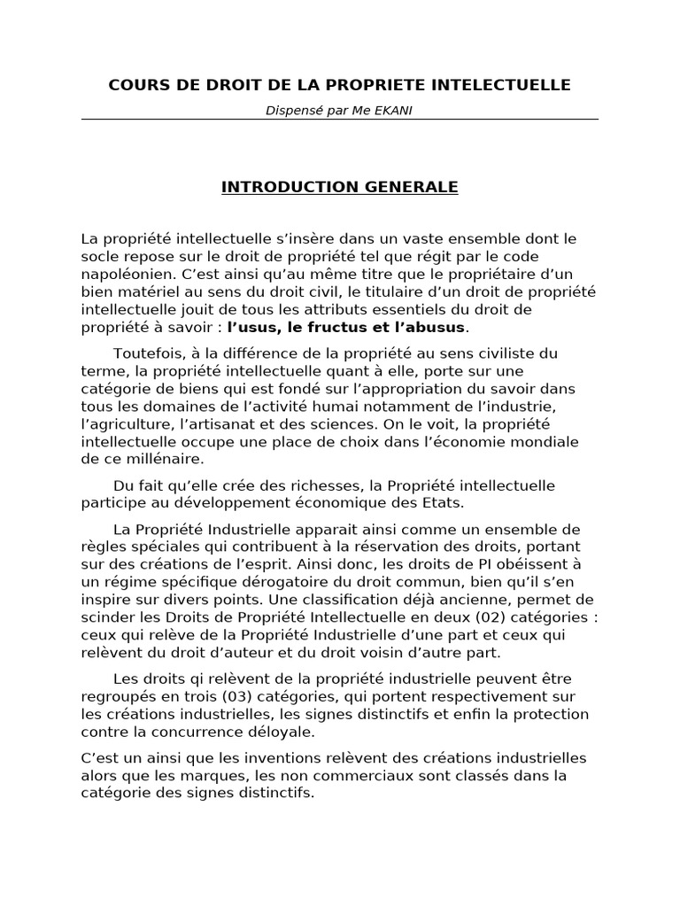 Cours de Droit de La Propriete Intelectuelle | PDF | Brevet