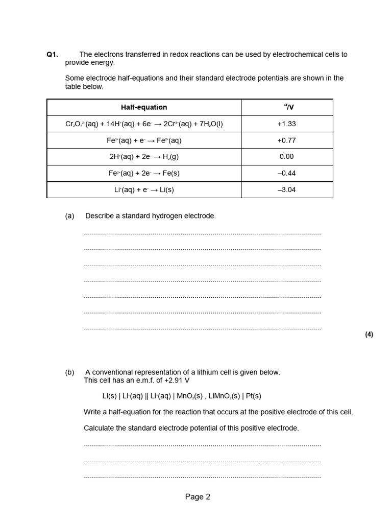 Electrode Potentials & Cells 4 QP | PDF | Redox | Chemical Reactions