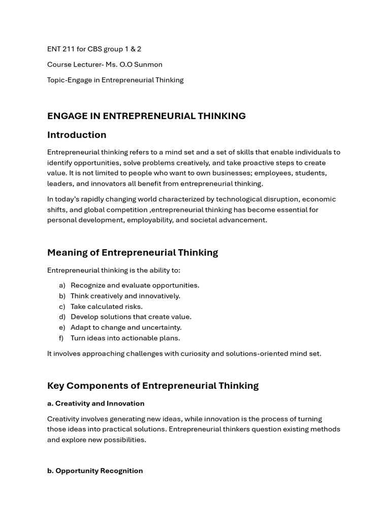 Engage in Entrepreneurial Thinking. ENT 211 Ms Sunmon | PDF ...